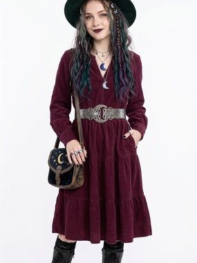 Women's Burgundy Tiered V-Neck Dress